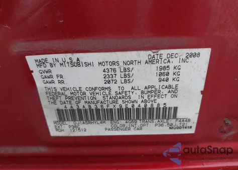 2009 Mitsubishi Galant Sport Edition/Es z USA, uszkodzony, nr VIN 4A3AB36FX9E040885